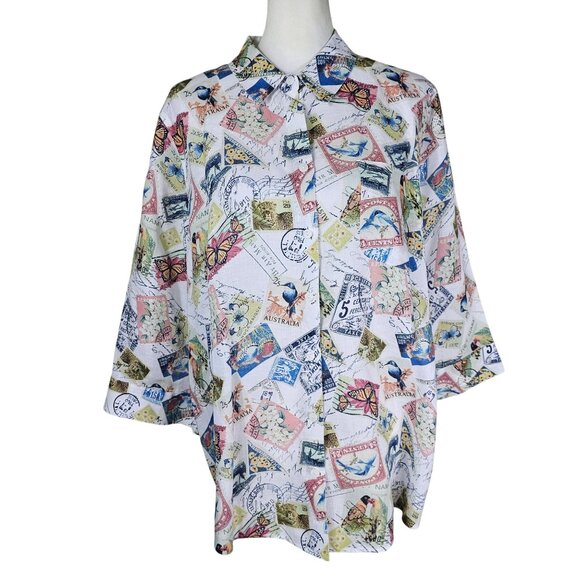 Chicos No-Iron Linen Button Up Shirt XL Postcard Print Coastal Artsy Travel - Picture 1 of 12